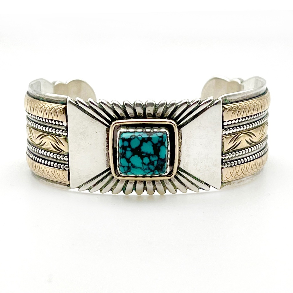 Legendary Navajo Artist Joe Paul  SS + 14K Bracelet with Natural Turquoise Stone